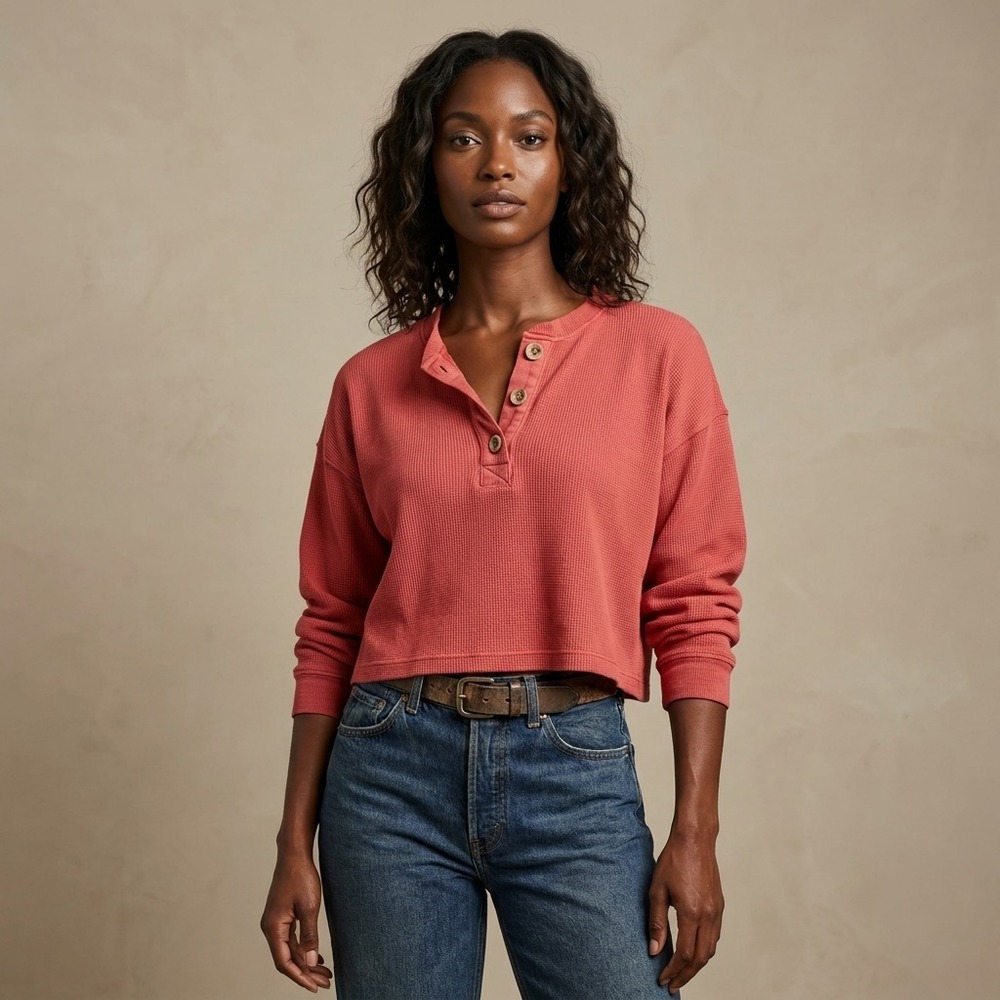 NWT FILOSOFIA Women Henley Top Large Rust Red Tencel Cotton Waffle Knit